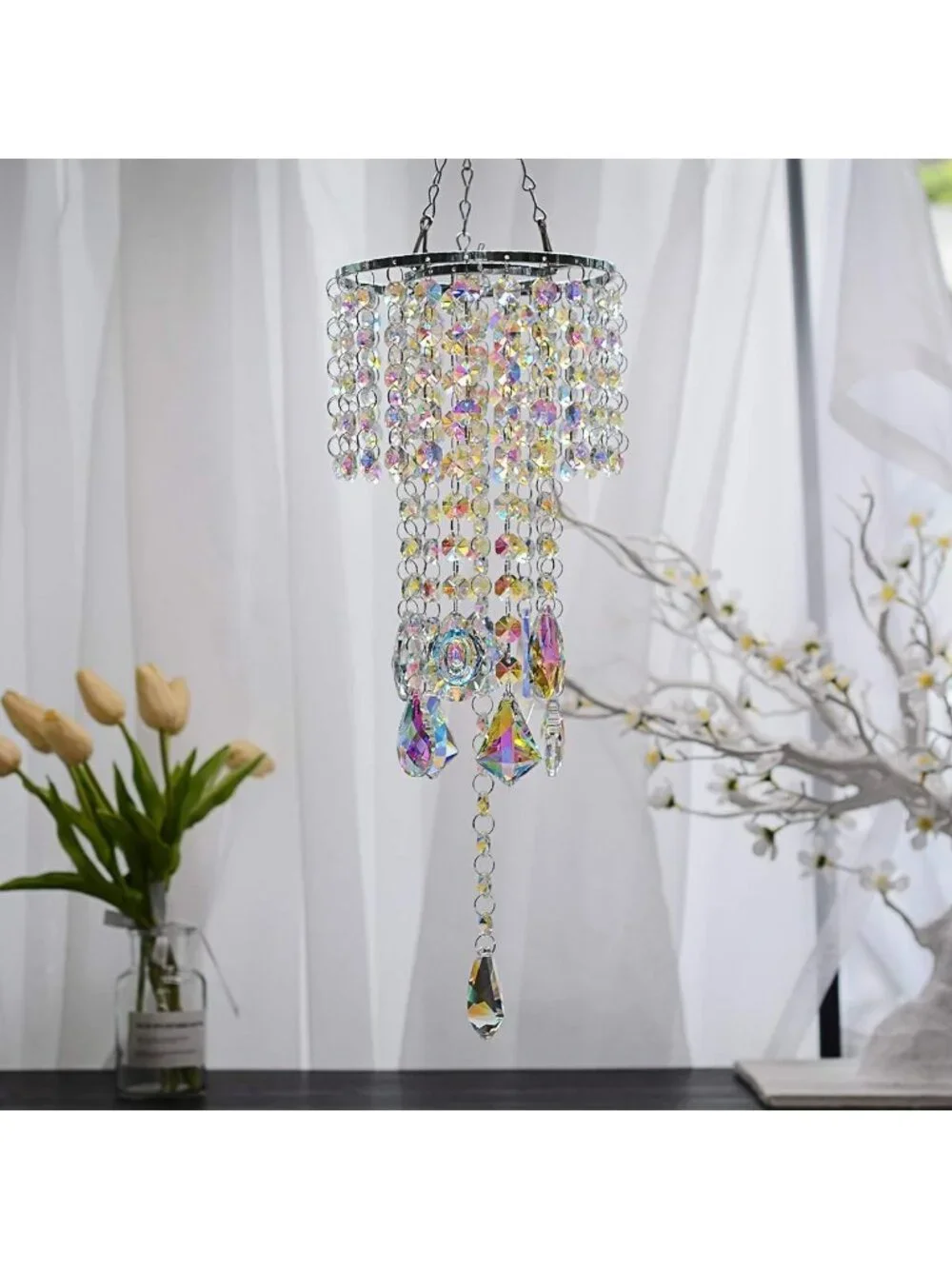 Crystal Chandelier Wind Chimes with AB Coating, Hanging Suncatcher for Garden